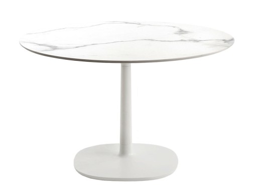 Masa rotunda Kartell Multiplo design Antonio Citterio d118cm h74cm baza patrata blat cu finisaj marmura alb