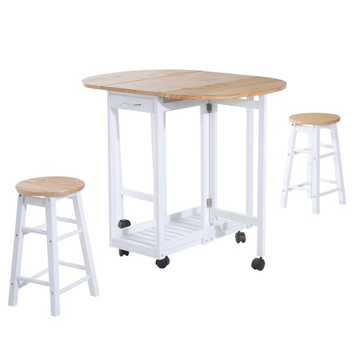 HOMCOM Set Mobilier Bucătărie 3 Piese Masa Pliabilă 2 Scaune de Bar Carucior cu 6 Roti Design Modern Alb și Lemn | Aosom Romania