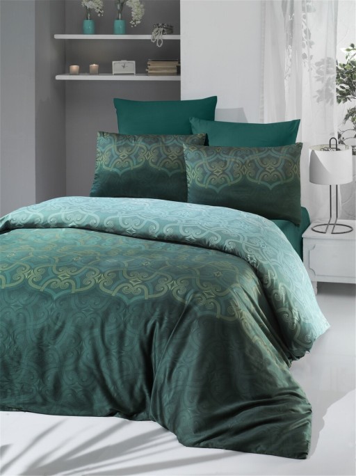 Lenjerie de pat dubla King Size, Victoria, Pandora Green, 6 piese, 100% bumbac satinat, tesatura Jacquard, verde