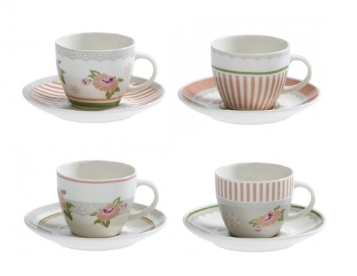 Set 4 cesti cu farfurie pentru cafea, Nonna Rosa S, Brandani, 90 ml, portelan