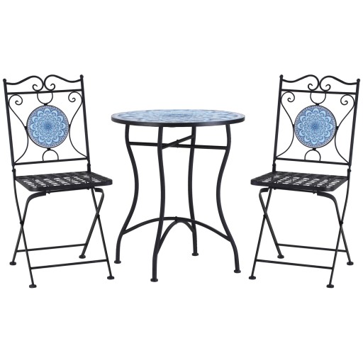 Outsunny Set Mobilier de Grădină cu Mozaic, 3 Piese, Masă și Scaune din Metal, Design Elegant, Albastru | Aosom Romania