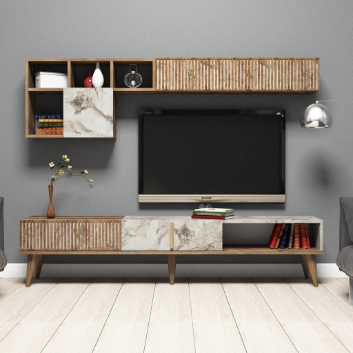 Mobilier pentru living Milan Walnut, Hommy Craft, 3 piese, 180x35x40 cm, maro/alb