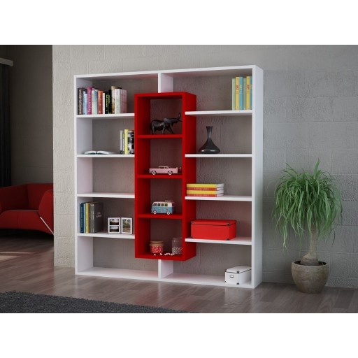 Biblioteca Wooden Art, Ample White Red, 125x135.7x22 cm