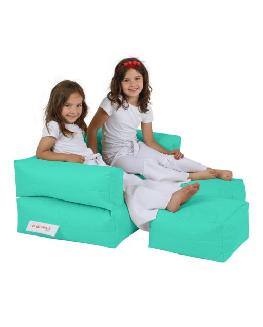 Set fotoliu dublu si 2 taburete pentru copii, Bean Bag, Ferndale, 100x50x40 cm, poliester impermeabil, turcoaz