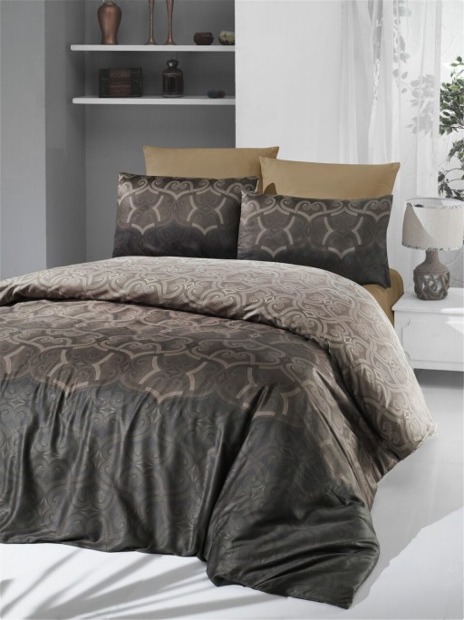 Lenjerie de pat dubla King Size, Victoria, Pandora Brown, 6 piese, 100% bumbac satinat, tesatura Jacquard, maro