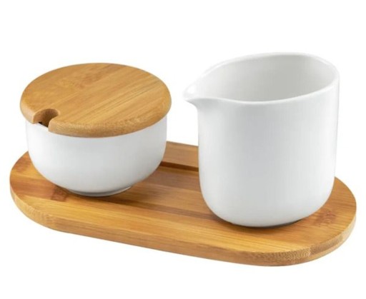 Set tava si 2 recipiente pentru zahar si lapte Natural, Ambition, 22x11x19 cm, portelan/bambus, alb