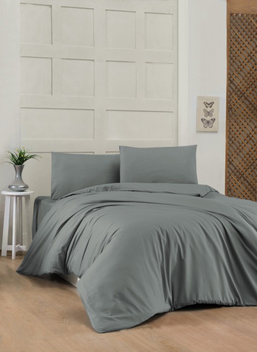 Lenjerie de pat dubla King Quilt(FR) Dark Grey, Patik, 3 piese, 240x220 cm, bumbac ranforce, gri inchis