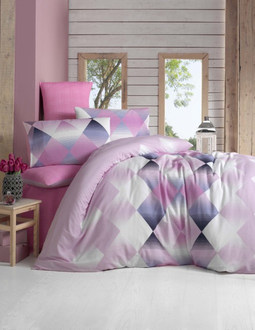 Lenjerie de pat dubla King Quilt(EU) Petek - Pink, Victoria, 3 piese, 240x220 cm, amestec bumbac, multicolor