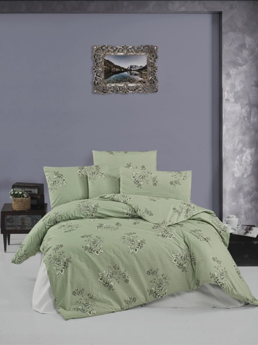 Lenjerie de pat dubla King Quilt(FR) Butic, Victoria, 3 piese, 240x220 cm, bumbac ranforce, verde