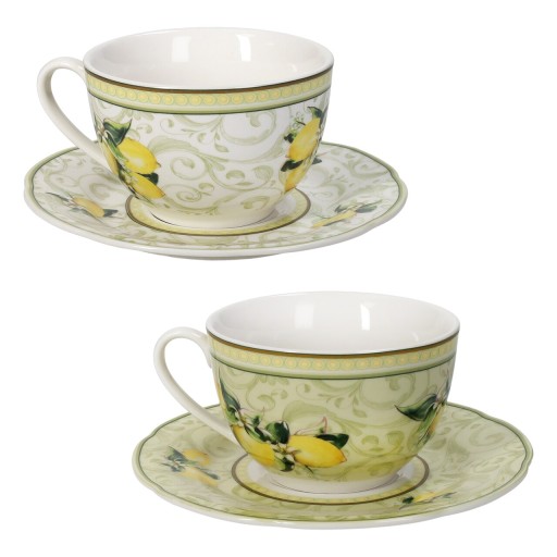 Set 2 cesti cu farfurie pentru ceai Limoni, Brandani, 100 ml, portelan New Bone China