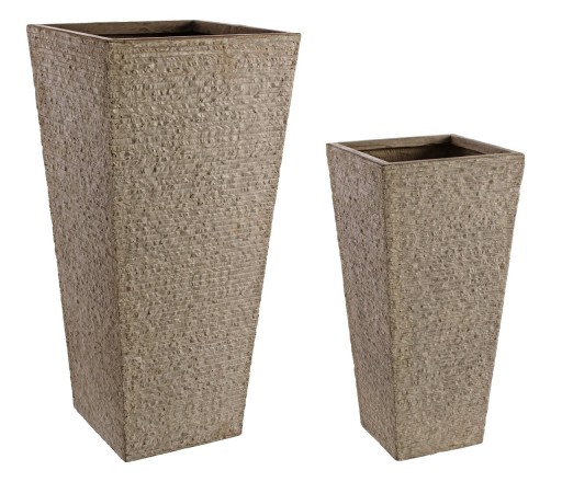 Set 2 ghivece pentru exterior High Square, Bizzotto, 42 x 42 x 88 cm, fibra de sticla si argila, gri nisip