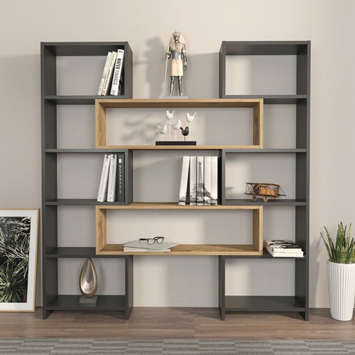 Corp biblioteca, Zena Home, Poyraz, 163.5x150x22 cm, PAL, Negru / Stejar