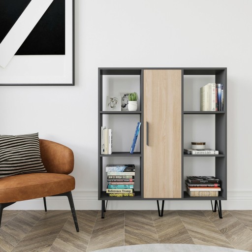 Corp biblioteca, Zena Home, Peoria, 120x123.6x25 cm, PAL, Antracit / Stejar