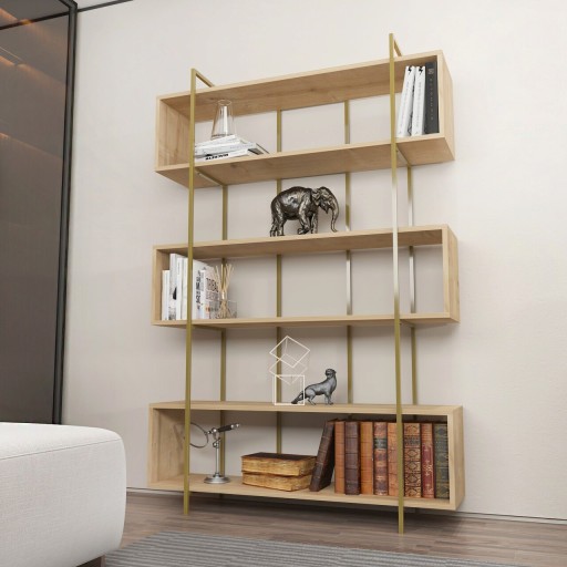 Corp biblioteca, Zena Home, Bruti, 120x180x29.6 cm, PAL, Stejar / Aur