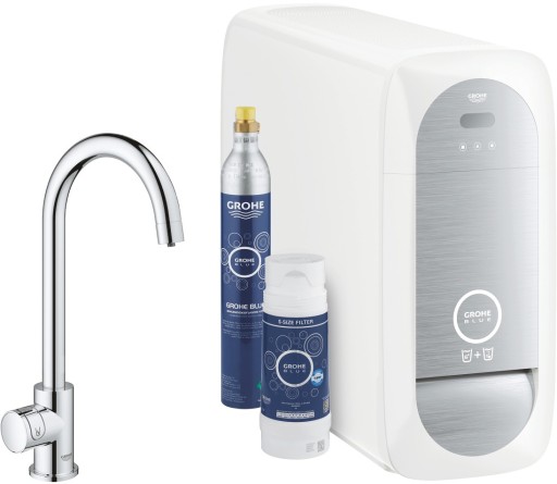 Baterie bucatarie Grohe Blue Home cu pipa C sistem de filtrare racire si carbogazificare crom