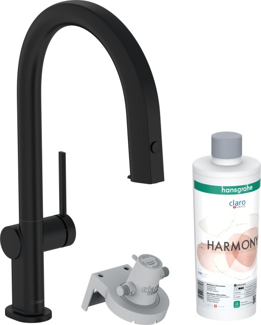 Baterie bucatarie Hansgrohe Aqittura M91 210 cu 3 cai si sistem filtrare dus extractibil 1 jet si sBox negru mat