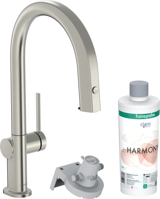 Baterie bucatarie Hansgrohe Aqittura M91 210 cu 3 cai si sistem filtrare dus extractibil 1 jet si sBox inox optic