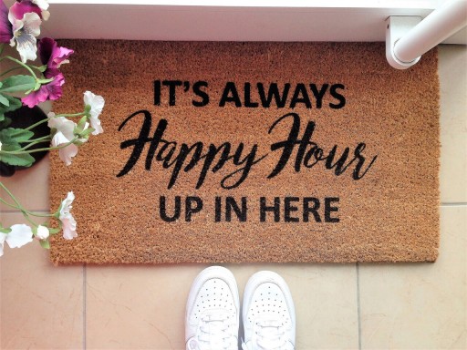 Covoras de intrare, Happy Hour , 70x40 cm, Fibra de cocos, Maro / Negru