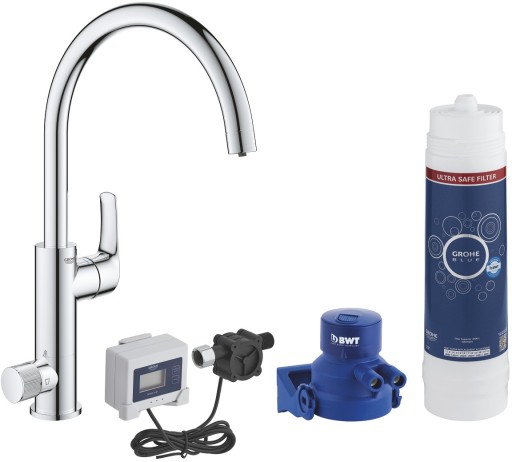 Baterie bucatarie Grohe Blue Pure Eurosmart cu pipa C si sistem filtrare starter kit crom