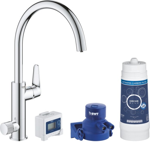 Baterie bucatarie Grohe Blue Pure BauCurve cu pipa C si sistem filtrare starter kit crom