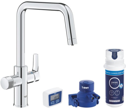 Baterie bucatarie Grohe Blue Pure Start cu pipa U sistem filtrare starter kit crom