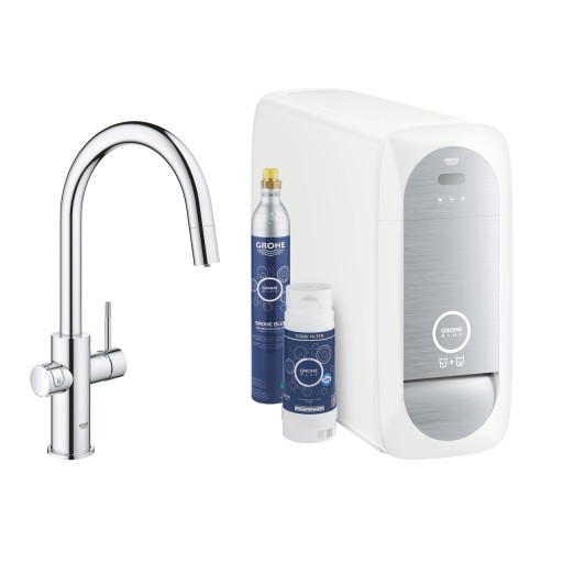 Baterie bucatarie Grohe Blue Home Duo cu dus extractibil pipa C sistem filtrare racire si carbonatare starter kit crom