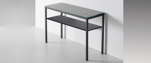 Masa consola Dexo Dado 120x30cm h74cm baza metal negru blat ceramic Vulcano Nero