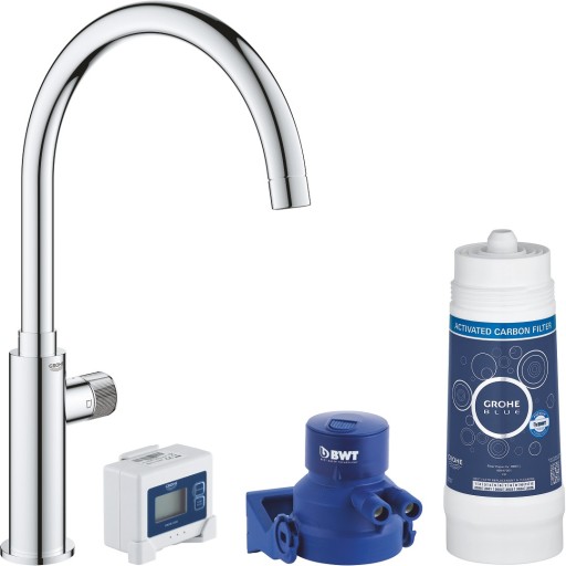 Baterie bucatarie Grohe Blue Pure Mono cu pipa C si sistem filtrare starter kit crom