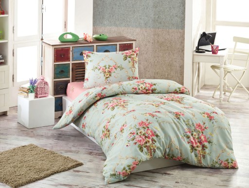 Lenjerie de pat pentru o persoana, Alanur - Mint, Eponj Home, 65% bumbac/35% poliester