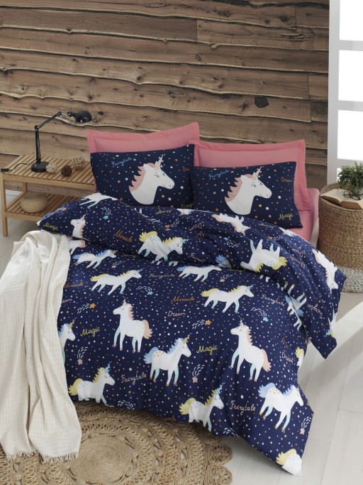 Lenjerie de pat dubla, Magic Unicorn - Dark Blue, Eponj Home, 65% bumbac/35% poliester