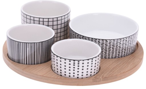 Set 4 boluri pentru gustari si tava rotunda Geometric, portelan, alb/negru