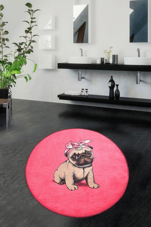 Covoras de baie, Chilai, Pink Pug DJT (100 cm), Micropoliamida, Multicolor