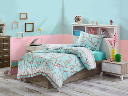 Lenjerie de pat pentru o persoana (FR), 2 piese, Birdcage - Turquoise, Eponj Home, 65% bumbac/35% poliester