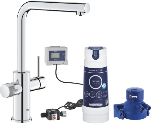 Baterie bucatarie Grohe Blue Pure Vento cu dus extractibil si sistem filtrare S starter kit crom