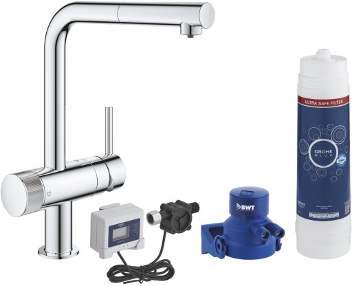 Baterie bucatarie Grohe Blue Pure Minta cu dus extractibil pipa L si sistem filtrare Ultrasafe starter kit crom