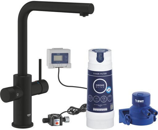 Baterie bucatarie Grohe Blue Pure Vento cu dus extractibil si sistem filtrare S starter kit phantom black