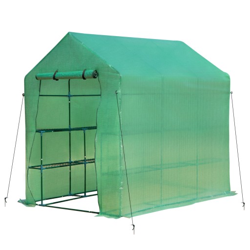 Outsunny Sera tip Tunel, 2 Rafturi pentru Ghivece Folie PE Structura din Otel, Verde 214L x 143L x 195Hcm