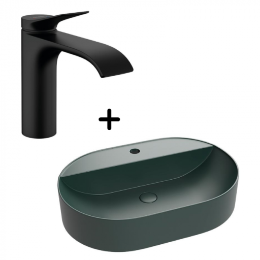 Set lavoar baie verde inchis pe blat cu ventil inclus plus baterie neagra Hansgrohe Vivenis