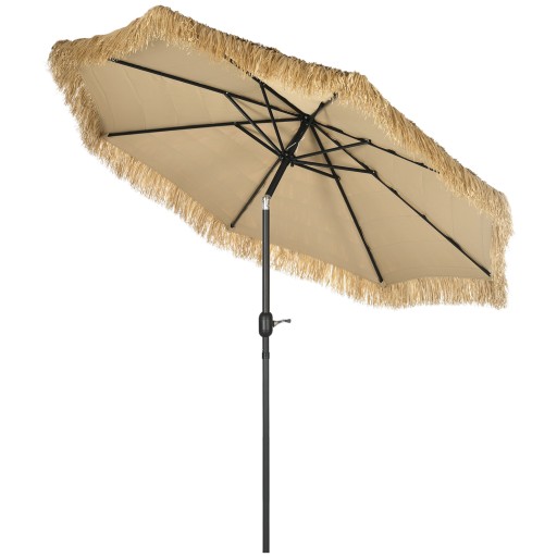 Outsunny Umbrelă de Grădină Stil Hawai cu Paie, Rotundă cu Manivelă, Ø265x250cm, Kaki | Aosom Romania