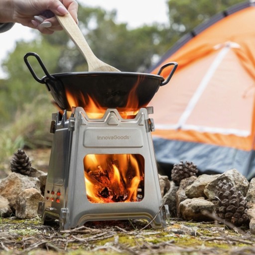 Aragaz pentru camping Flamet, InnovaGoods, pliabil, Ø15.5 x 18 cm, otel inoxidabil, argintiu