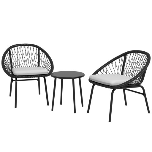 Outsunny Set Bistro pentru Terasa din 3 Piese, Set cu Perne Moi pentru Sezut, Set de Mobilier din Rachita, Negru