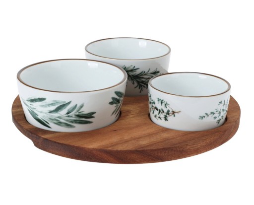 Set 3 boluri pentru gustari si tava rotunda 22 cm, Herbs, ceramica/salcam, multicolor