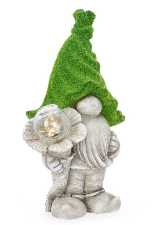 Decoratiune luminoasa de gradina cu incarcare solara LED Flower Gnome, Bizzotto, 28x20x46 cm, magneziu, verde