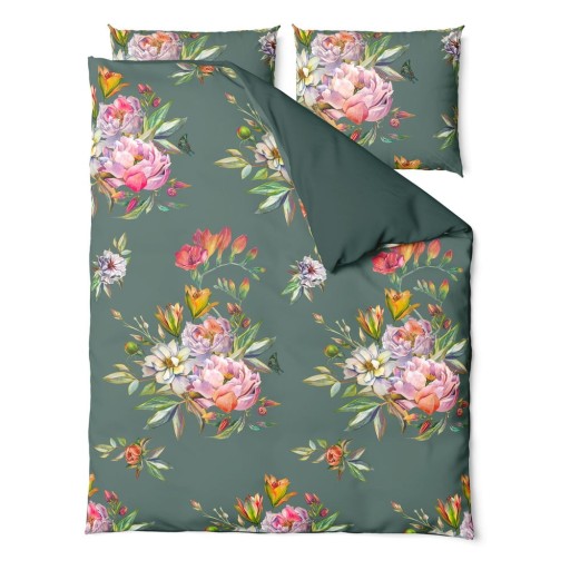 Lenjerie de pat din bumbac satinat pentru pat dublu Bonami Selection Floret, 200 x 200 cm, verde închis