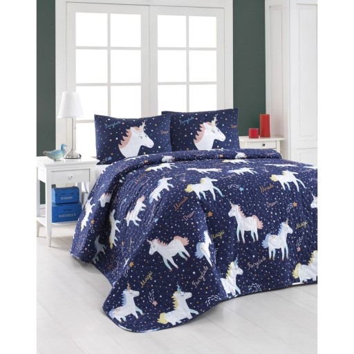 Set cuvertură matlasată și 2 fețe de pernă Eponj Home Magic Unicorn Dark Blue, 200 x 220 cm