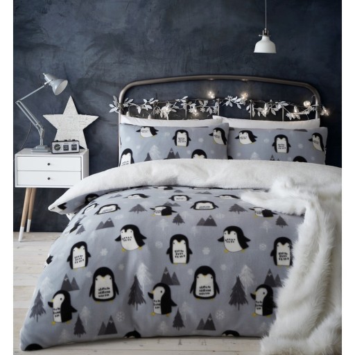 Lenjerie de pat din fleece gri 200x200 cm Cosy Penguin - Catherine Lansfield