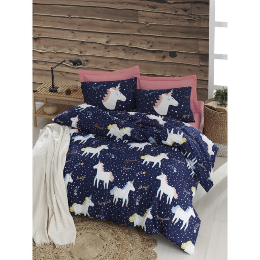 Lenjerie de pat cu cearșaf pentru pat dublu Eponj Home Magic Unicorn Dark Blue, 200 x 220 cm