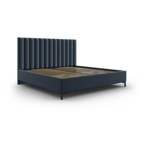 Pat matrimonial albastru închis tapițat cu spațiu de depozitare cu somieră 180x200 cm Casey – Mazzini Beds